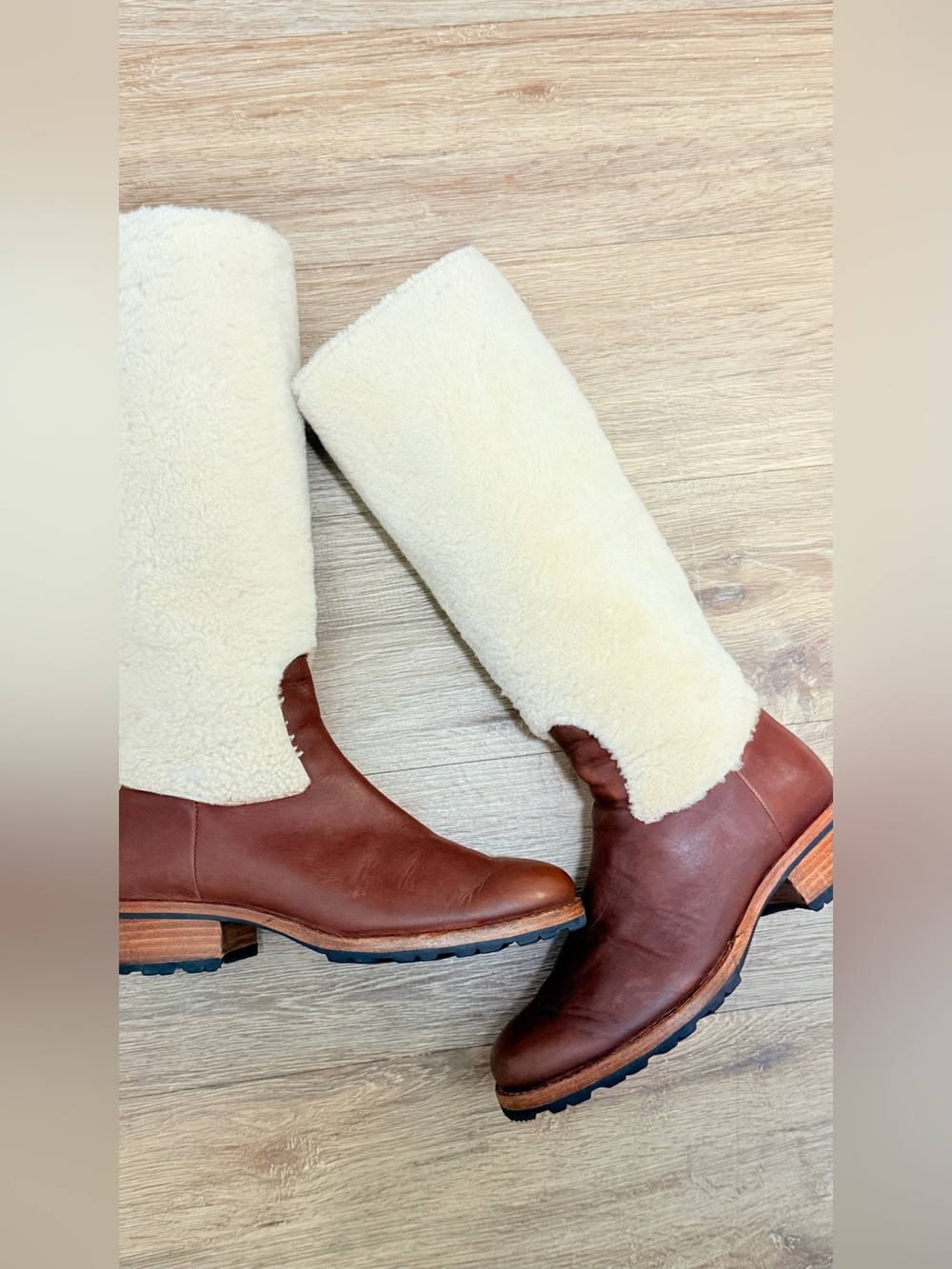 UGG Brown Leather Knee Boot with Cream Shearling Shaft